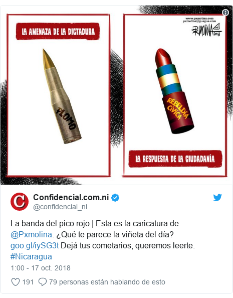 Publicación de Twitter por @confidencial_ni: La banda del pico rojo | Esta es la caricatura de @Pxmolina. ¿Qué te parece la viñeta del día?  Dejá tus cometarios, queremos leerte. #Nicaragua 