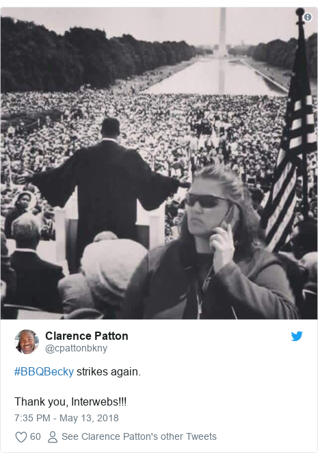 Twitter post by @cpattonbkny: #BBQBecky strikes again.Thank you, Interwebs!!! 
