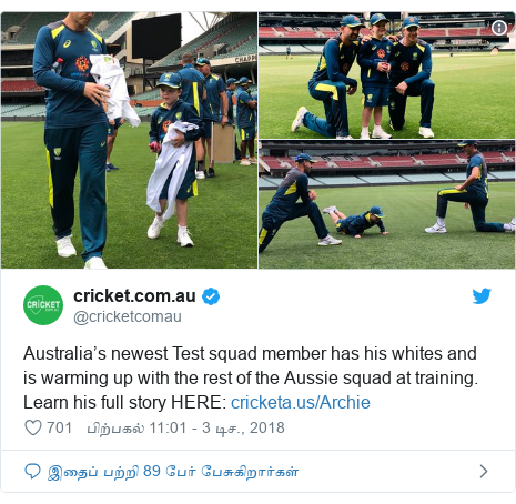 டுவிட்டர் இவரது பதிவு @cricketcomau: Australia’s newest Test squad member has his whites and is warming up with the rest of the Aussie squad at training. Learn his full story HERE   