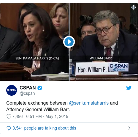 Twitter post by @cspan: Complete exchange between @senkamalaharris and Attorney General William Barr. 