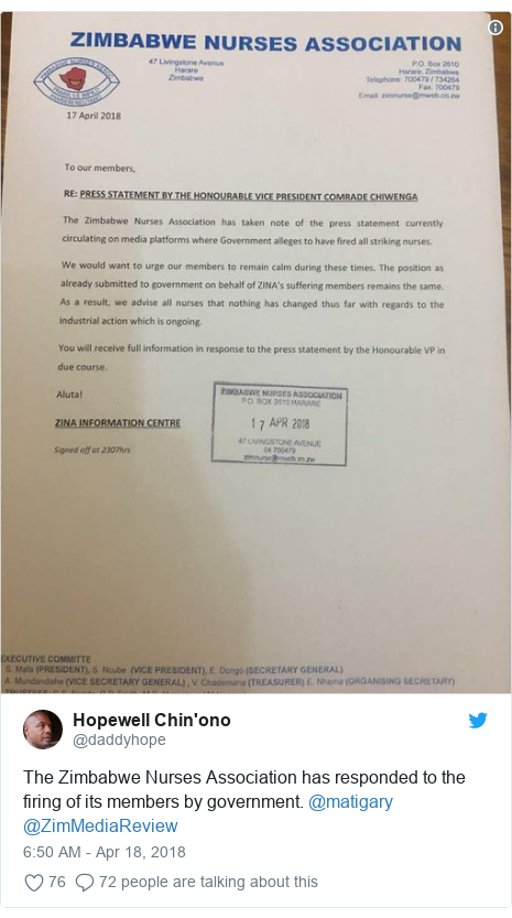 Twitter post by @daddyhope: The Zimbabwe Nurses Association has responded to the firing of its members by government. @matigary @ZimMediaReview 