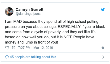 College Admissions Scandal The Extreme Lengths Parents Go To Bbc News - twitter post by dancingofpens i am mad because they spend all of high school