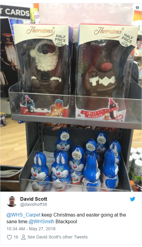Twitter post by @davidhoff38: @WHS_Carpet keep Christmas and easter going at the sane time.@WHSmith Blackpool 
