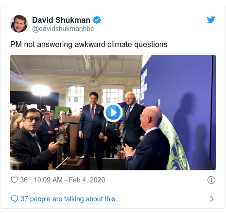 Twitter post by @davidshukmanbbc: PM not answering awkward climate questions 