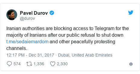 Twitter post by @durov: Iranian authorities are blocking access to Telegram for the majority of Iranians after our public refusal to shut down  and other peacefully protesting channels.