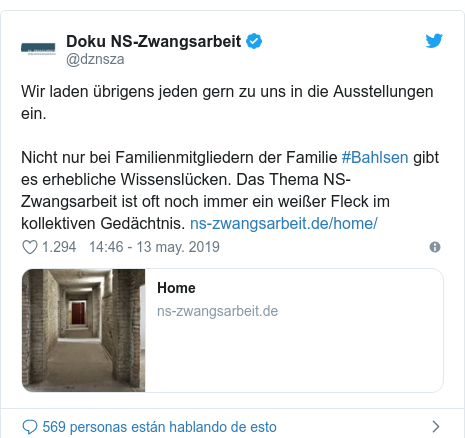 Publicación de Twitter por @dznsza: Wir laden übrigens jeden gern zu uns in die Ausstellungen ein. Nicht nur bei Familienmitgliedern der Familie #Bahlsen gibt es erhebliche Wissenslücken. Das Thema NS-Zwangsarbeit ist oft noch immer ein weißer Fleck im kollektiven Gedächtnis. 