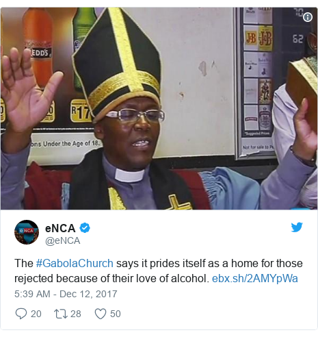 Ujumbe wa Twitter wa @eNCA: The #GabolaChurch says it prides itself as a home for those rejected because of their love of alcohol.  