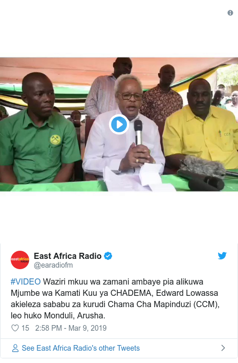 Ujumbe wa Twitter wa @earadiofm: #VIDEO Waziri mkuu wa zamani ambaye pia alikuwa Mjumbe wa Kamati Kuu ya CHADEMA, Edward Lowassa akieleza sababu za kurudi Chama Cha Mapinduzi (CCM), leo huko Monduli, Arusha. 