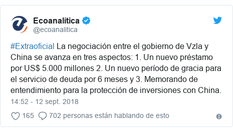 Publicación de Twitter por @ecoanalitica: #Extraoficial La negociación entre el gobierno de Vzla y China se avanza en tres aspectos  1. Un nuevo préstamo por US$ 5.000 millones 2. Un nuevo período de gracia para el servicio de deuda por 6 meses y 3. Memorando de entendimiento para la protección de inversiones con China.