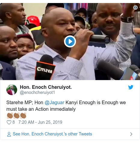 Ujumbe wa Twitter wa @enochcheruiyot1: Starehe MP; Hon @Jaguar Kanyi Enough is Enough we must take an Action immediately👏🏾👏🏾👏🏾 