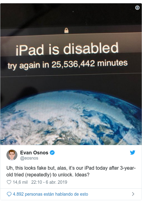 Publicación de Twitter por @eosnos: Uh, this looks fake but, alas, it’s our iPad today after 3-year-old tried (repeatedly) to unlock. Ideas? 