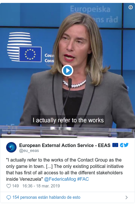 Publicación de Twitter por @eu_eeas: "I actually refer to the works of the Contact Group as the only game in town. [...] The only existing political initiative that has first of all access to all the different stakeholders inside Venezuela" @FedericaMog #FAC 