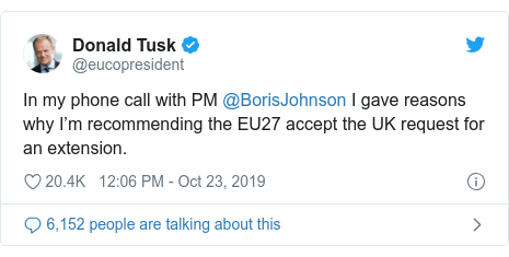 Twitter post by @eucopresident: In my phone call with PM @BorisJohnson I gave reasons why I’m recommending the EU27 accept the UK request for an extension.