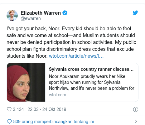 Twitter pesan oleh @ewarren: I’ve got your back, Noor. Every kid should be able to feel safe and welcome at school—and Muslim students should never be denied participation in school activities. My public school plan fights discriminatory dress codes that exclude students like Noor. 