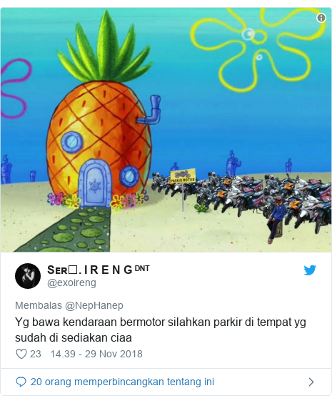 Twitter pesan oleh @exoireng: Yg bawa kendaraan bermotor silahkan parkir di tempat yg sudah di sediakan ciaa 