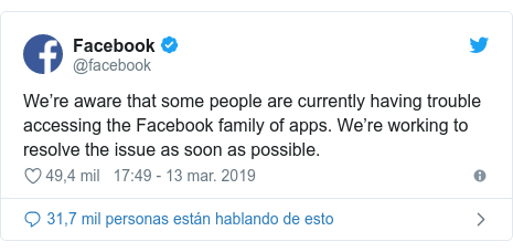 Publicación de Twitter por @facebook: We’re aware that some people are currently having trouble accessing the Facebook family of apps. We’re working to resolve the issue as soon as possible.