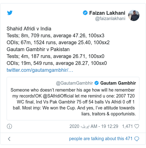 ٹوئٹر پوسٹس @faizanlakhani کے حساب سے: Shahid Afridi v India Tests; 8m, 709 runs, average 47.26, 100sx3ODIs; 67m, 1524 runs, average 25.40, 100sx2Gautam Gambhir v Pakistan Tests; 4m, 187 runs, average 26.71, 100sx0ODIs; 19m, 549 runs, average 28.27, 100sx0 