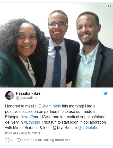 Twitter post by @fassikafikre: Honored to meet H.E @amirabiy this morning! Had a positive discussion on partnership to use our made in Ethiopia Nisre-Tena UAV/drone for medical supplies/blood delivery in #Ethiopia. Pilot run to start soon in collaboration with Min.of Science & tech. @TayeBalcha @DrGetahun 