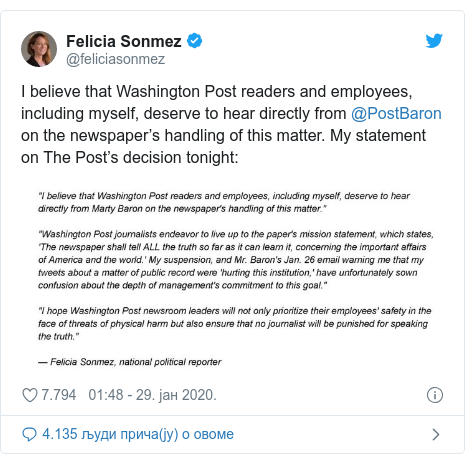 Twitter post by @feliciasonmez: I believe that Washington Post readers and employees, including myself, deserve to hear directly from @PostBaron on the newspaper’s handling of this matter. My statement on The Post’s decision tonight  