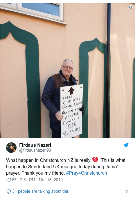 Twitter post by @firdausnazeri93: What happen in Christchurch NZ is really 💔, This is what happen to Sunderland UK mosque today during Juma' prayer. Thank you my friend. #Pray4Christchurch 