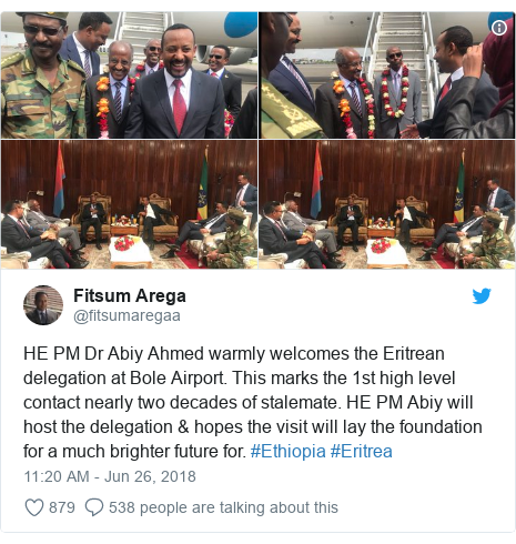 Twitter post by @fitsumaregaa: HE PM Dr Abiy Ahmed warmly welcomes the Eritrean delegation at Bole Airport. This marks the 1st high level contact nearly two decades of stalemate. HE PM Abiy will host the delegation & hopes the visit will lay the foundation for a much brighter future for. #Ethiopia #Eritrea 