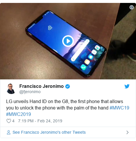 Twitter post by @fjeronimo: LG unveils Hand ID on the G8, the first phone that allows you to unlock the phone with the palm of the hand #MWC19 #MWC2019 