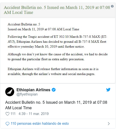 Publicación de Twitter por @flyethiopian: Accident Bulletin no. 5 Issued on March 11, 2019 at 07 08 AM Local Time 