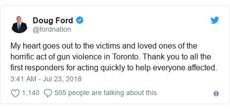 Twitter post by @fordnation: My heart goes out to the victims and loved ones of the horrific act of gun violence in Toronto. Thank you to all the first responders for acting quickly to help everyone affected.
