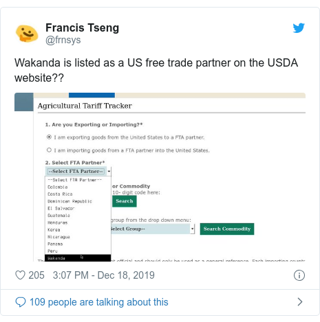 Сообщение в Твиттере от @frnsys: Ваканда числится в списке партнеров США по свободной торговле на веб-сайте USDA ?? 