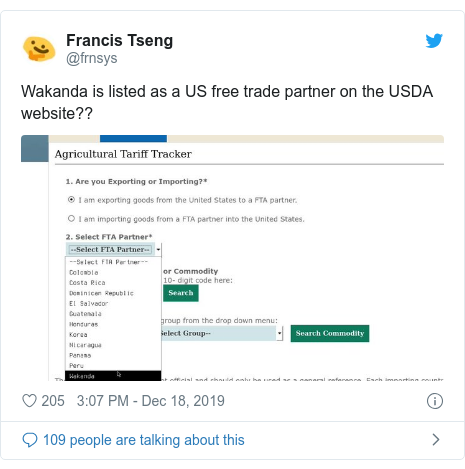Twitter post by @frnsys: Wakanda is listed as a US free trade partner on the USDA website?? 