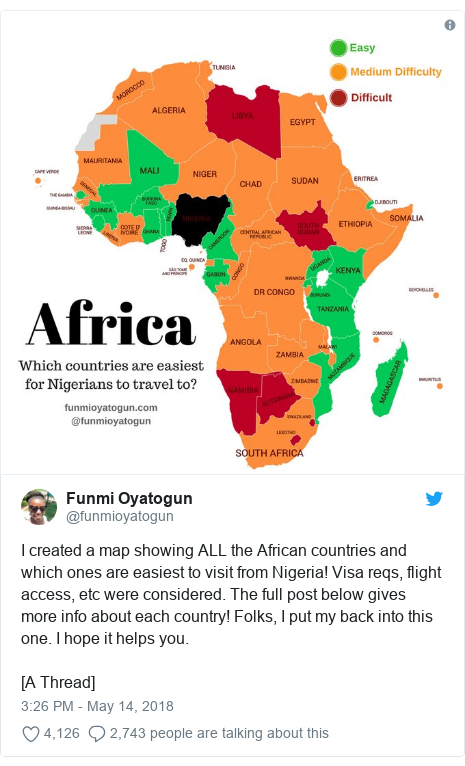 Twitter post by @funmioyatogun: I created a map showing ALL the African countries and which ones are easiest to visit from Nigeria! Visa reqs, flight access, etc were considered. The full post below gives more info about each country! Folks, I put my back into this one. I hope it helps you.[A Thread] 