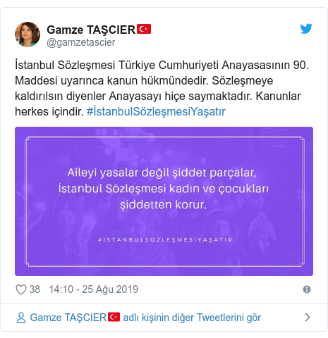 @gamzetascier tarafından yapılan Twitter paylaşımı: İstanbul Sözleşmesi Türkiye Cumhuriyeti Anayasasının 90. Maddesi uyarınca kanun hükmündedir. Sözleşmeye kaldırılsın diyenler Anayasayı hiçe saymaktadır. Kanunlar herkes içindir. #İstanbulSözleşmesiYaşatır 