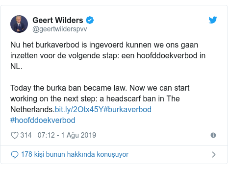 @geertwilderspvv tarafından yapılan Twitter paylaşımı: Nu het burkaverbod is ingevoerd kunnen we ons gaan inzetten voor de volgende stap  een hoofddoekverbod in NL.Today the burka ban became law. Now we can start working on the next step  a headscarf ban in The Netherlands.#burkaverbod #hoofddoekverbod