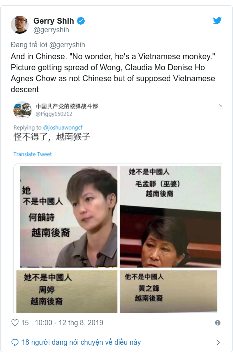 Twitter bởi @gerryshih: And in Chinese. "No wonder, he's a Vietnamese monkey." Picture getting spread of Wong, Claudia Mo Denise Ho Agnes Chow as not Chinese but of supposed Vietnamese descent 