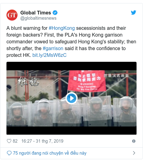 Twitter bởi @globaltimesnews: A blunt warning for #HongKong secessionists and their foreign backers? First, the PLA's Hong Kong garrison commander vowed to safeguard Hong Kong's stability; then shortly after, the #garrison said it has the confidence to protect HK.  