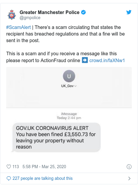 Twitter post by @gmpolice: #ScamAlert | There’s a scam circulating that states the recipient has breached regulations and that a fine will be sent in the post.This is a scam and if you receive a message like this please report to ActionFraud online ➡️  