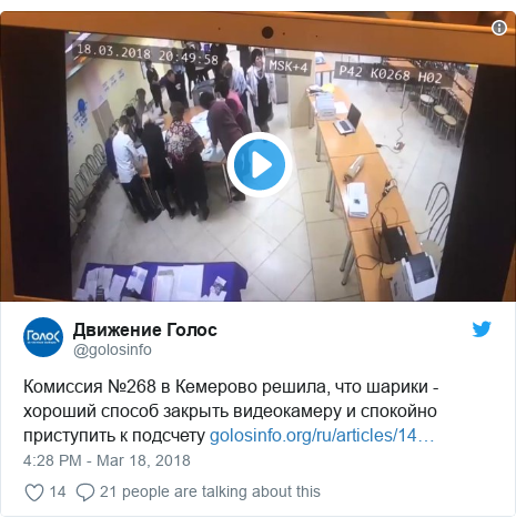 Twitter post by @golosinfo: Комиссия №268 в Кемерово решила, что шарики - хороший способ закрыть видеокамеру и спокойно приступить к подсчету 