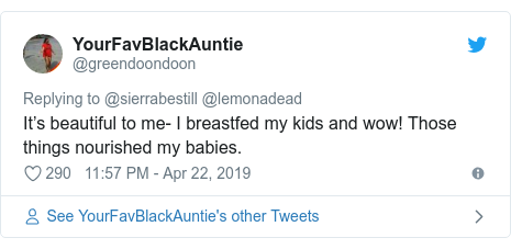 Twitter post by @greendoondoon: Itâs beautiful to me- I breastfed my kids and wow! Those things nourished my babies.