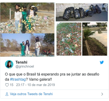 Twitter post de @grinchnoel: O que que o Brasil tá esperando pra se juntar ao desafio da #trashtag? Vamo galera!! 