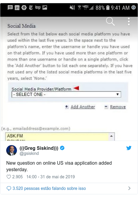 Twitter post de @gsiskind: New question on online US visa application added yesterday. 