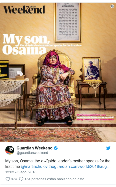 Publicación de Twitter por @guardianweekend: My son, Osama  the al-Qaida leader’s mother speaks for the first time @martinchulov  