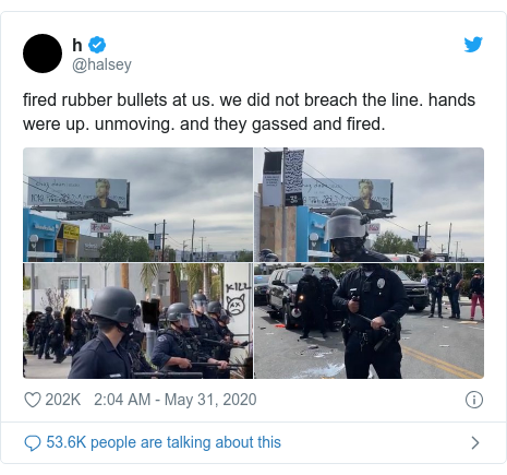 Twitter post by @halsey: fired rubber bullets at us. we did not breach the line. hands were up. unmoving. and they gassed and fired. 