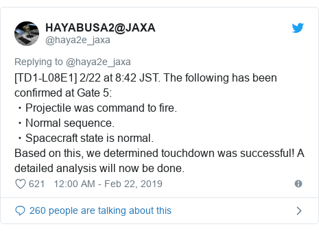 Twitter post by @haya2e_jaxa: [TD1-L08E1] 2/22 at 8 42 JST. The following has been confirmed at Gate 5  ・Projectile was command to fire.・Normal sequence.・Spacecraft state is normal.Based on this, we determined touchdown was successful! A detailed analysis will now be done.