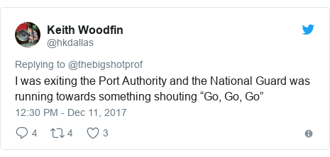 Twitter post by @hkdallas: I was exiting the Port Authority and the National Guard was running towards something shouting “Go, Go, Go”