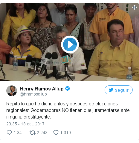 Publicación de Twitter por @hramosallup: Repito lo que he dicho antes y después de elecciones regionales  Gobernadores NO tienen que juramentarse ante ninguna prostituyente. 