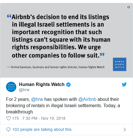 Twitter post by @hrw: For 2 years, @hrw has spoken with @Airbnb about their brokering of rentals in illegal Israeli settlements. Today, a breakthrough. 