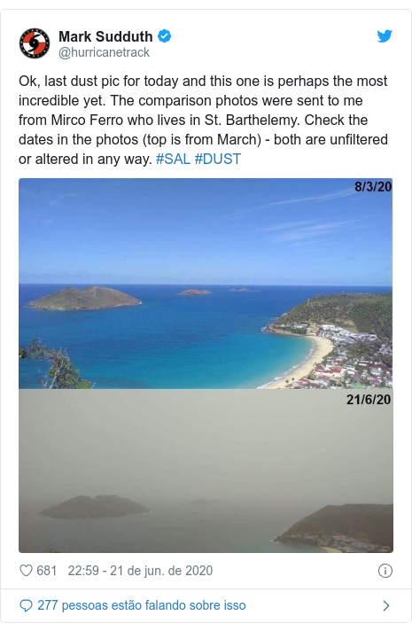 Twitter post de @hurricanetrack: Ok, last dust pic for today and this one is perhaps the most incredible yet. The comparison photos were sent to me from Mirco Ferro who lives in St. Barthelemy. Check the dates in the photos (top is from March) - both are unfiltered or altered in any way. #SAL #DUST 