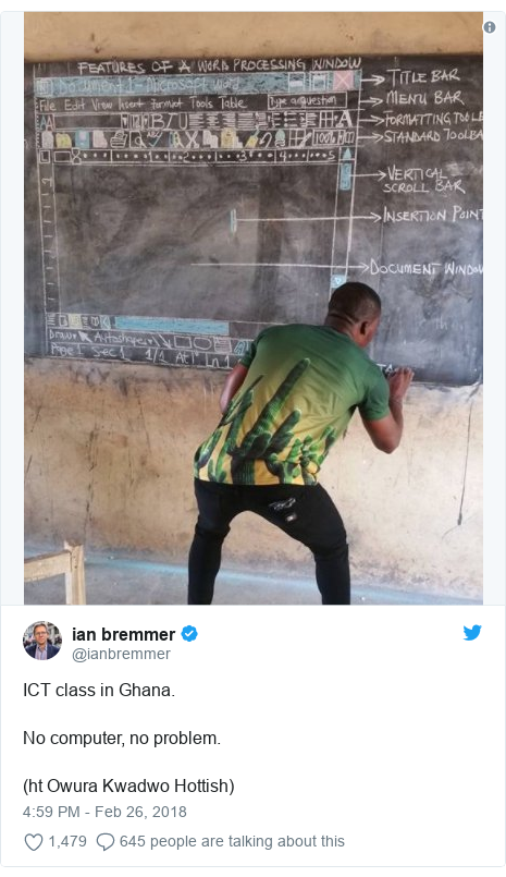 Ujumbe wa Twitter wa @ianbremmer: ICT class in Ghana. No computer, no problem. (ht Owura Kwadwo Hottish) 