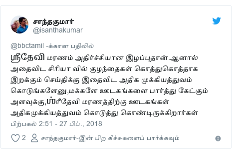டுவிட்டர் இவரது பதிவு @isanthakumar: ஶ்ரீதேவி மரணம் அதிர்ச்சியான இழப்புதான்.ஆனால் அதைவிட சிரியா வில் குழந்தைகள் கொத்துகொத்தாக இறக்கும் செய்திக்கு இதைவிட அதிக முக்கியத்துவம் கொடுங்களேனு,மக்களே ஊடகங்களை பார்த்து கேட்கும் அளவுக்கு,ஶ்ரீதேவி மரணத்திற்கு ஊடகங்கள் அதிகமுக்கியத்துவம் கொடுத்து கொண்டிருக்கிறார்கள்