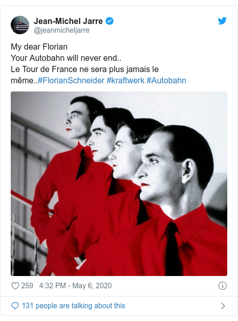 Twitter post by @jeanmicheljarre: My dear Florian Your Autobahn will never end..Le Tour de France ne sera plus jamais le même..#FlorianSchneider #kraftwerk #Autobahn 